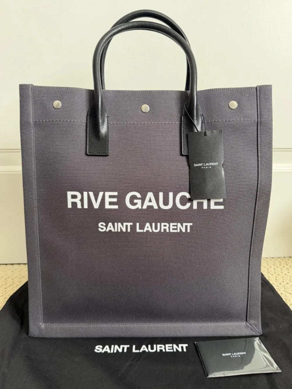 Saint Laurent YSL Rive Gauche Gray Canvas Logo Black Leather Tote Bag - Picture 2 of 16